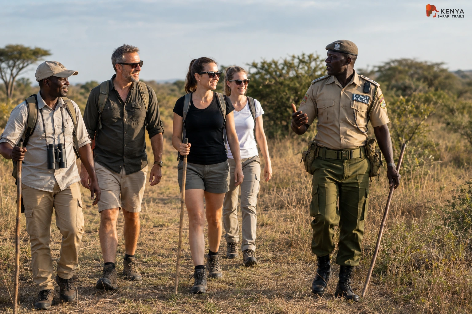 Tourists on a Guided Safari Walk accompanied by a Tourist Police